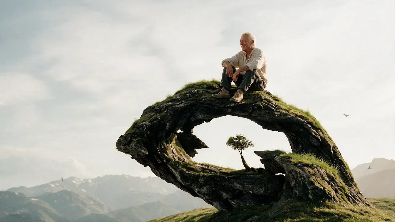 Person auf einer geschwungenen, bewachsenen Formation in einer Berglandschaft